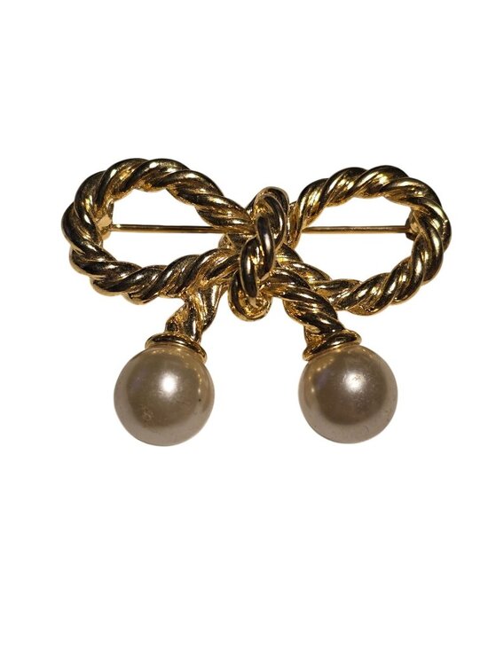 N/A Jewelry - Vintage 1990s Twisted Rope Bow Big Pearl Bottom Lady Like Bright Goldtone Brooch
